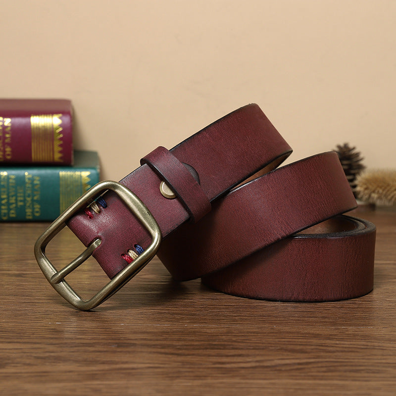 Thick Pure Copper Pin Buckle Male Genuine Cattlehide Leather Surface Retro Belt