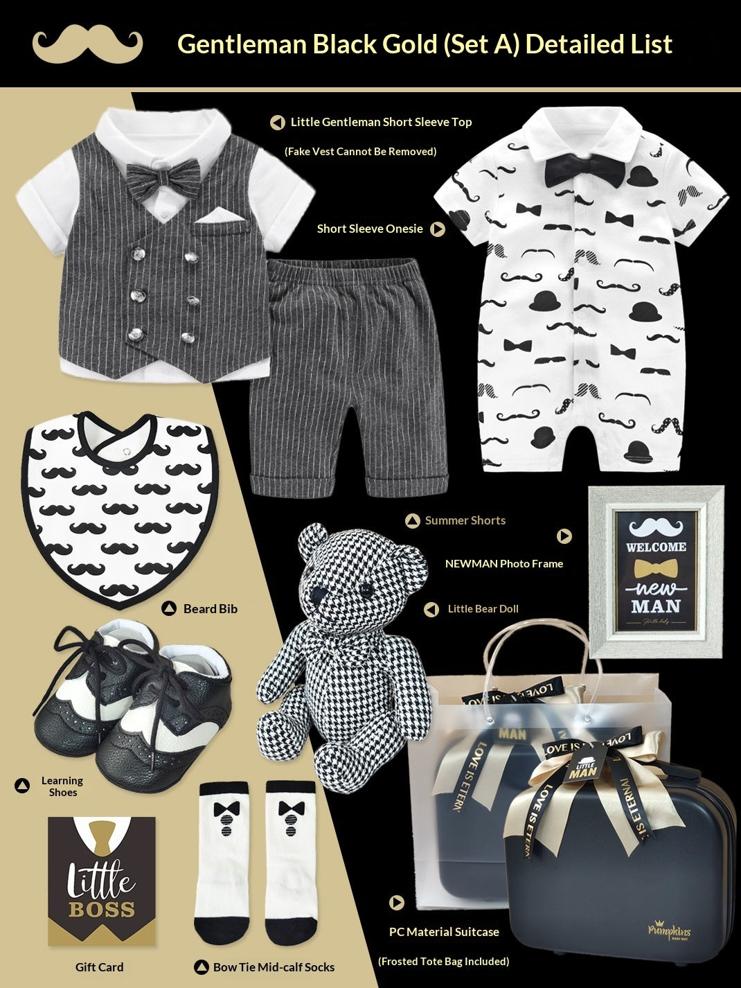 Coffret cadeau haut de gamme pour bébé – Ensemble petit gentleman noir et or