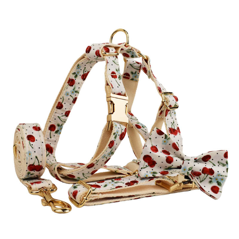 Collier pour animaux imprimé cerises rouges avec laisse, boucle à dégagement rapide dorée et nœud mignon