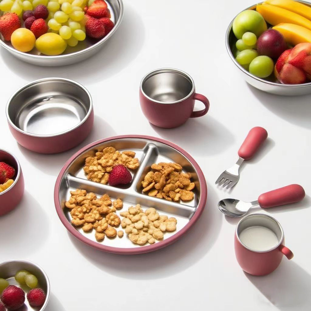 Set d'alimentation pour bébé en acier inoxydable et silicone, bol à ventouse, fourchette et cuillère pour bébé
