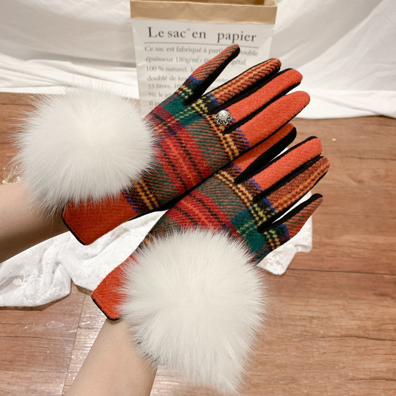 Gants à doigts en laine et cachemire avec boule de fourrure de renard oversize et motif écossais asymétrique
