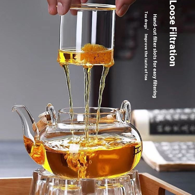 Vintage Bamboo Tea Set Glass Ring Handle Teapot