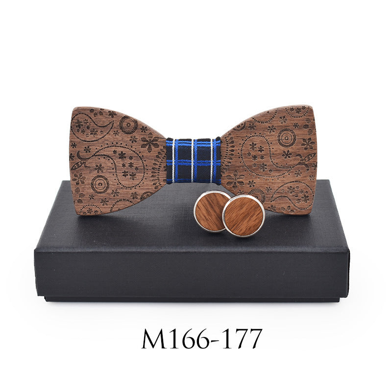 Paisley Carved Party Wood Bow Tie Cufflinks Set