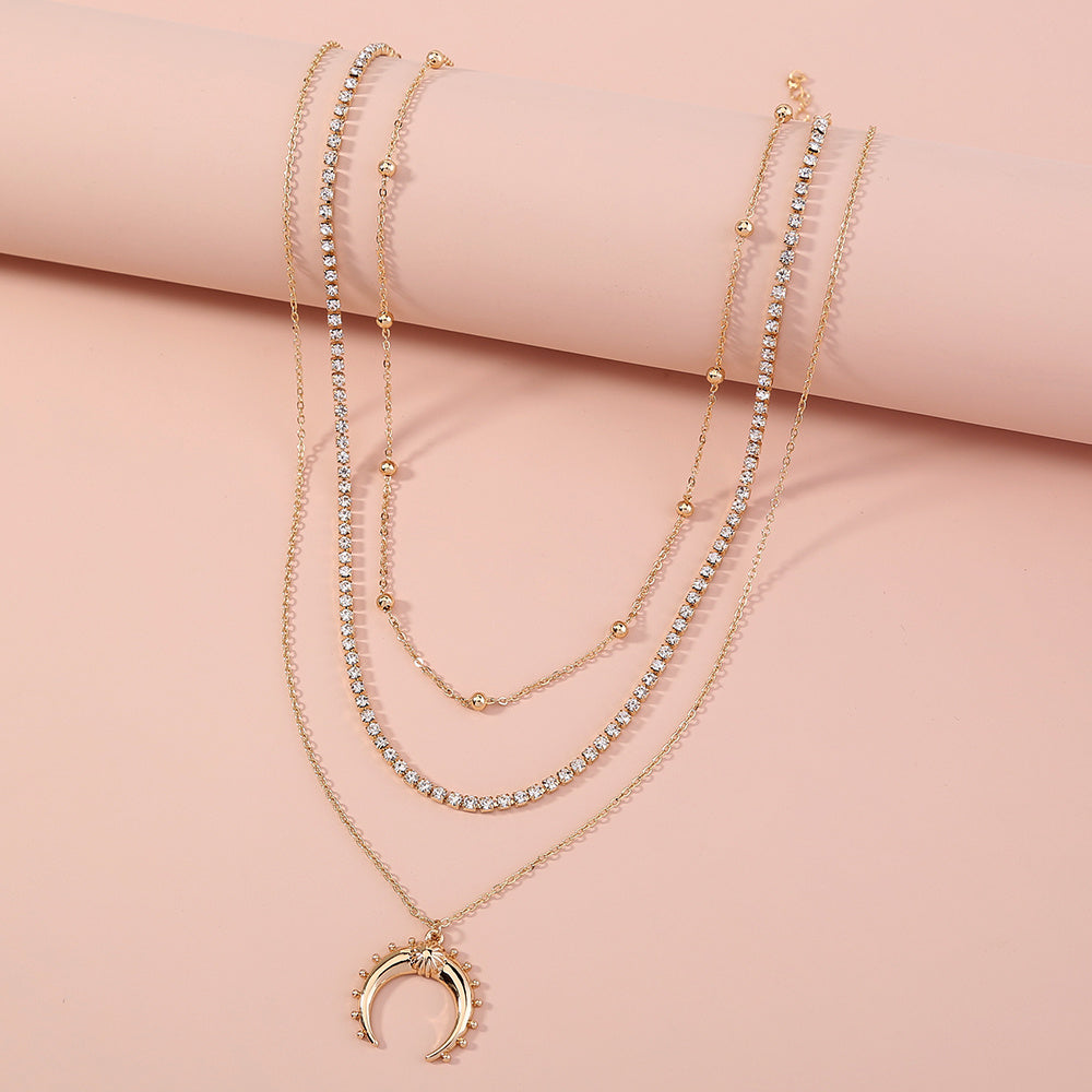 Multi-layer Retro Moon Horn pendant with exaggerated style and diamond necklace