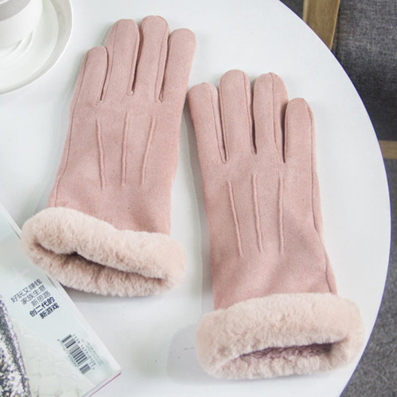 Gants double couche coupe-vent et anti-froid en daim épais et velours brodés à l'européenne