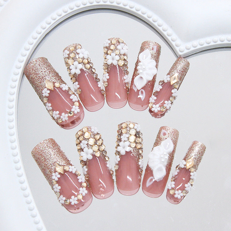 Français Ongles Dorés Faux Ongles Strass Détachables