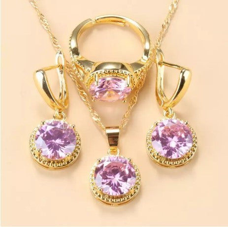 New Earrings Ring Necklace Three-piece Jewelry Set Round Zircon