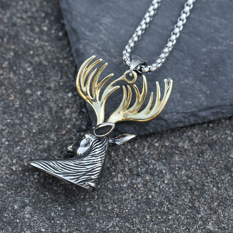 Steel Vintage Elk Horn Necklace Men Personality Pendant