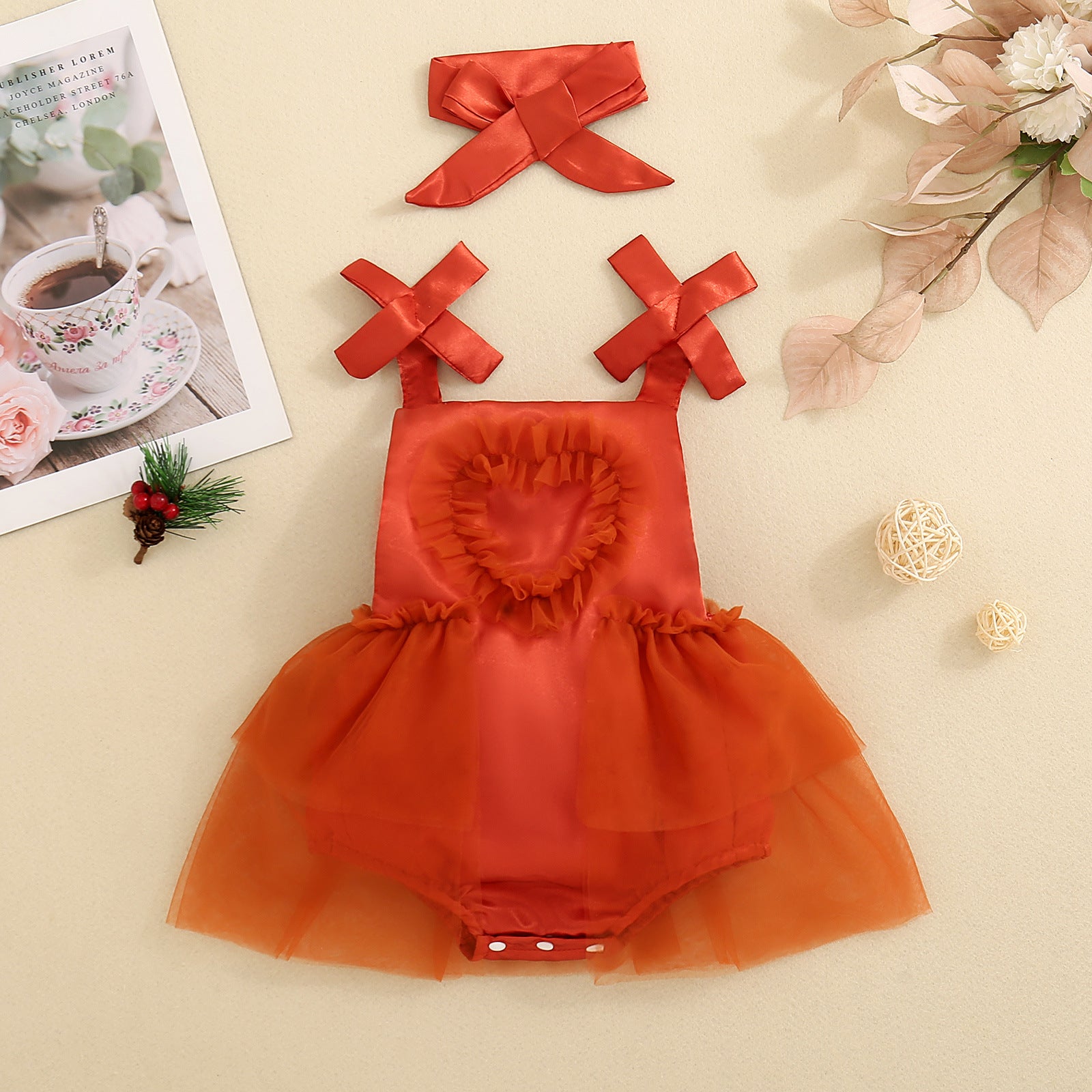 Baby Girl's Love Tulle Jumpsuit Headscarf Two-piece Set