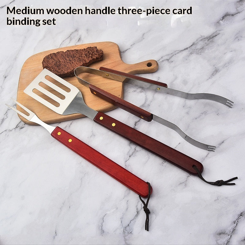 Ensemble de 3 ustensiles de barbecue en acier inoxydable avec manche en bois : spatule, fourchette et pince