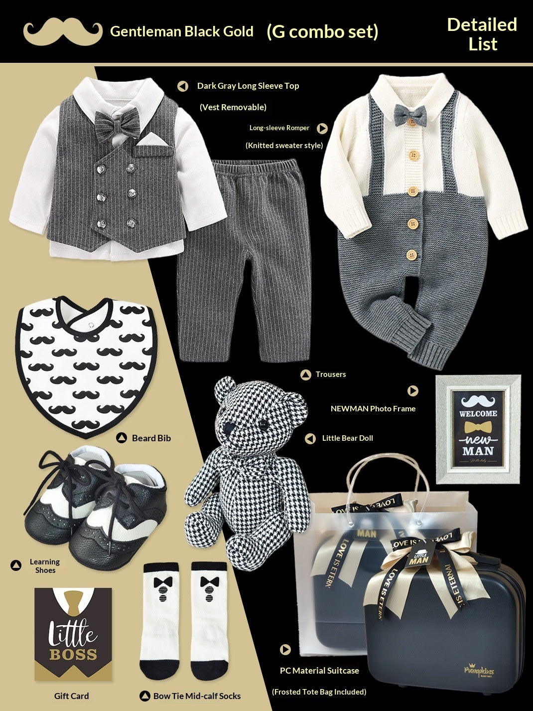 Coffret cadeau haut de gamme pour bébé – Ensemble petit gentleman noir et or