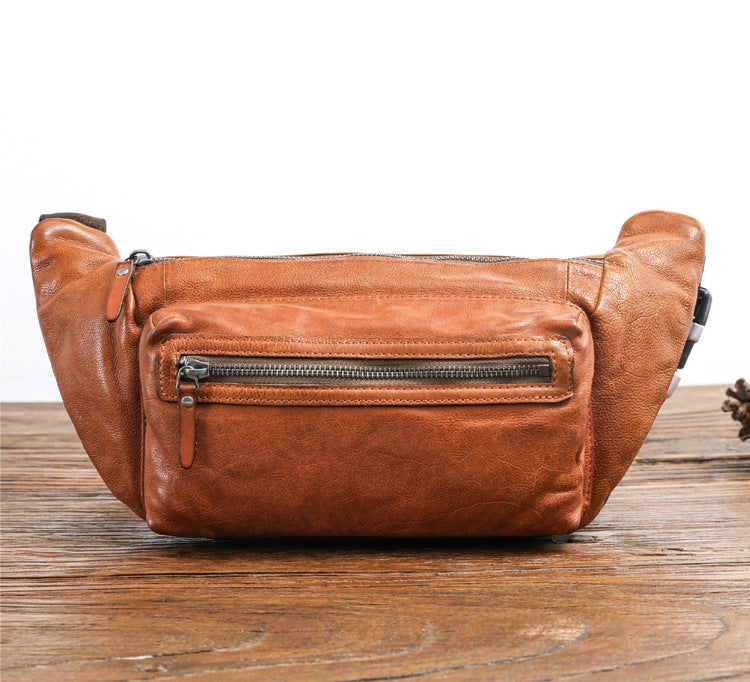 Men's Vegetable Tanned First Layer Leather Chest Bag Casual Shoulder Crossbody Backpack