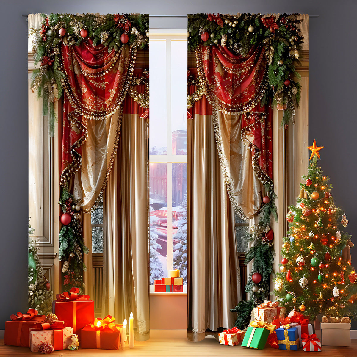 2PCs Christmas Curtain 3D Digital Printing