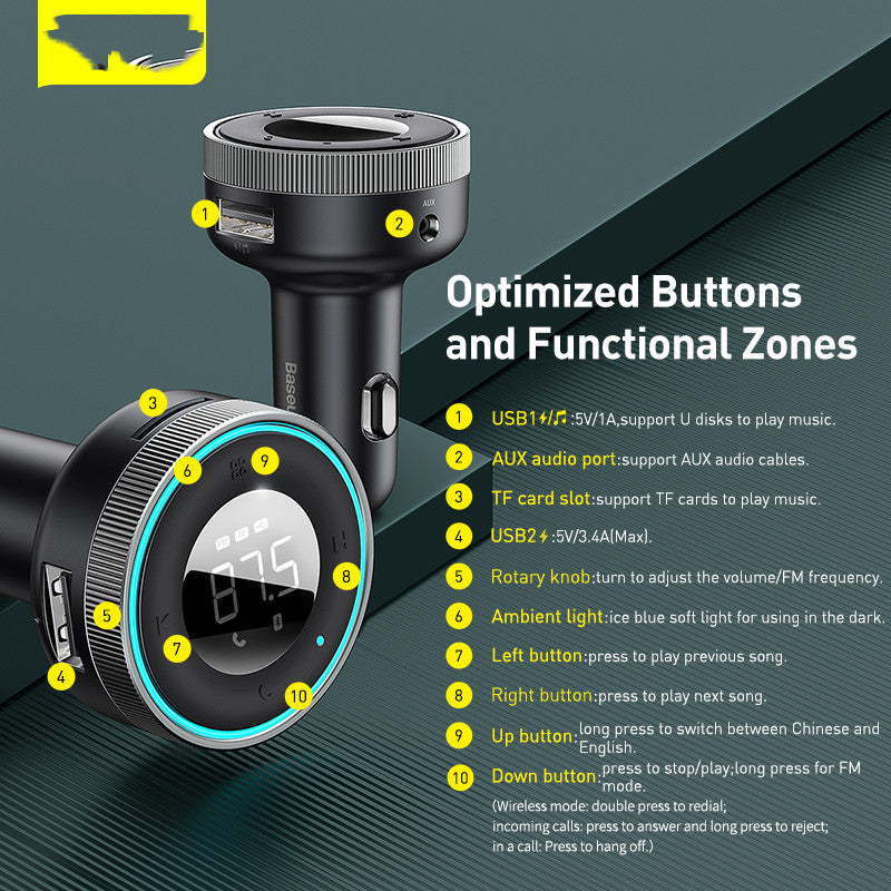Multi-function QC3.0 Digital Display Car Charger Player Car USB Flash Drive