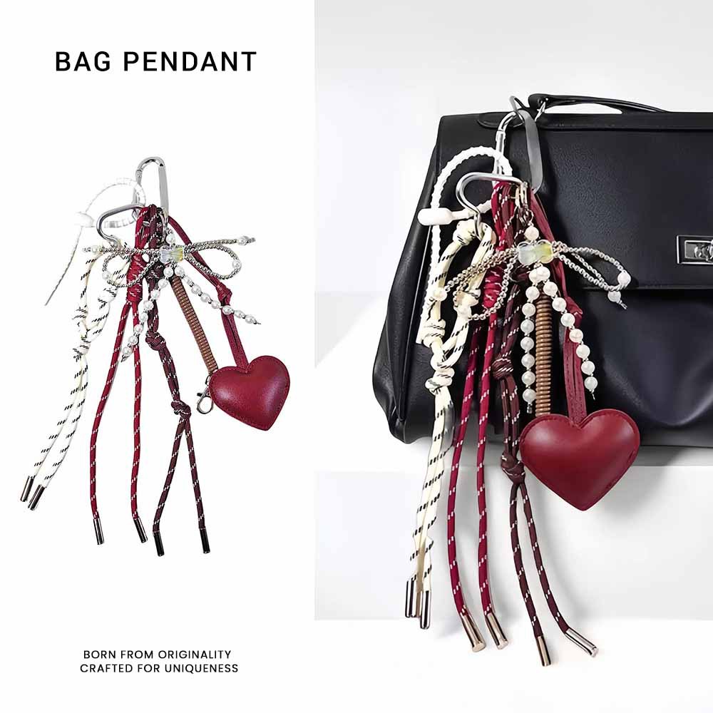 Wine Red Leather Peach Heart Pendant Pearl Bow Keychain