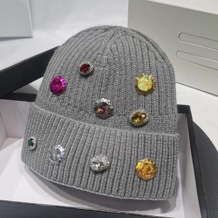 Hand-drilled Gem Rhinestone Hat Women's All-match Knitting