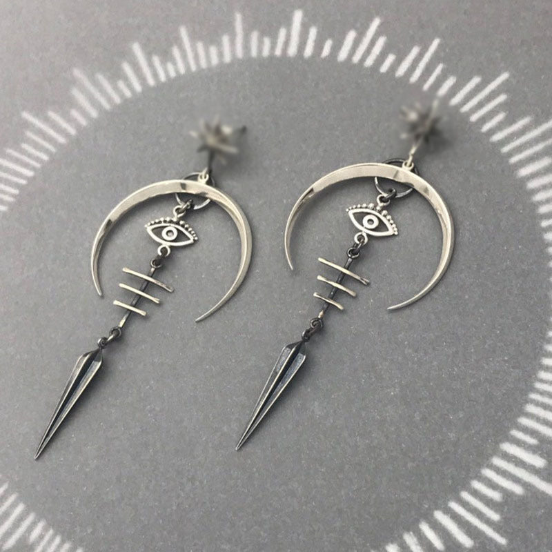 Boucles d'oreilles gothiques œil de diable style punk, accessoires d'Halloween, longue lune en métal argenté antique