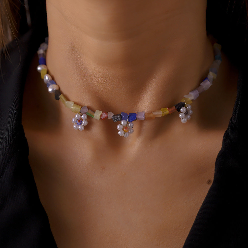 Pearl Flower Crushed Clavicle Necklace Short