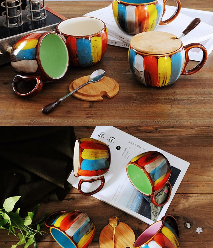 Tasse créative en céramique pour lait, eau, café, petit-déjeuner, tasse de couple, avec couvercle et cuillère