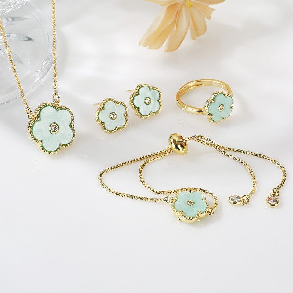 Gold Flower Bracelet Ring Earrings Bracelet Women's Suit