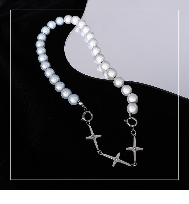 Vintage High Sense Reflective Pearl Cross Necklace