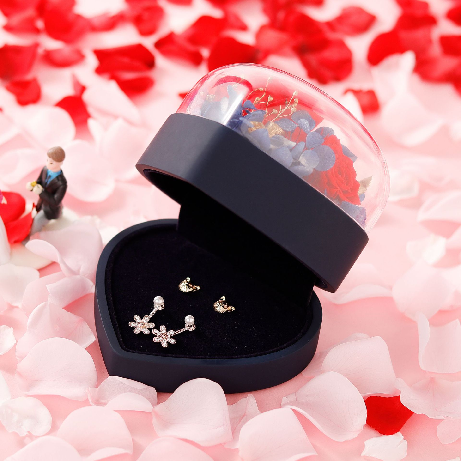 Boîte Cadeau Saint-Valentin Boîte à Bijoux Fleur Fraîche Éternelle en Forme de Cœur