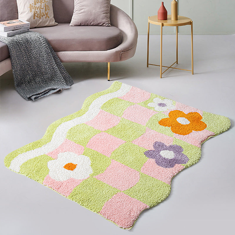 Wave Plaid Small Flower Tufted Carpet Non-slip Bathroom Step Mat Flocking Bedside Blanket