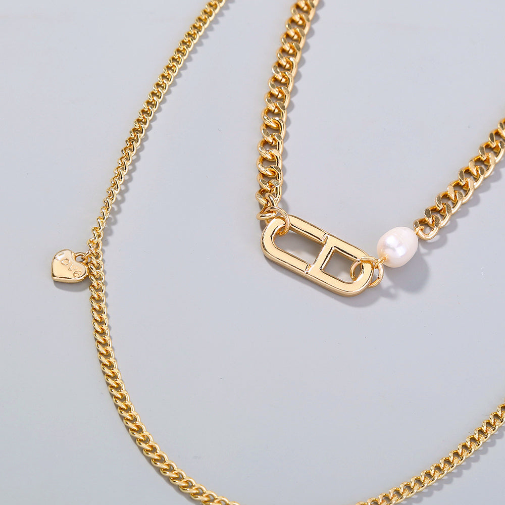 ins style hip-hop personality Japanese character thick chain design double layered necklace pearl necklace