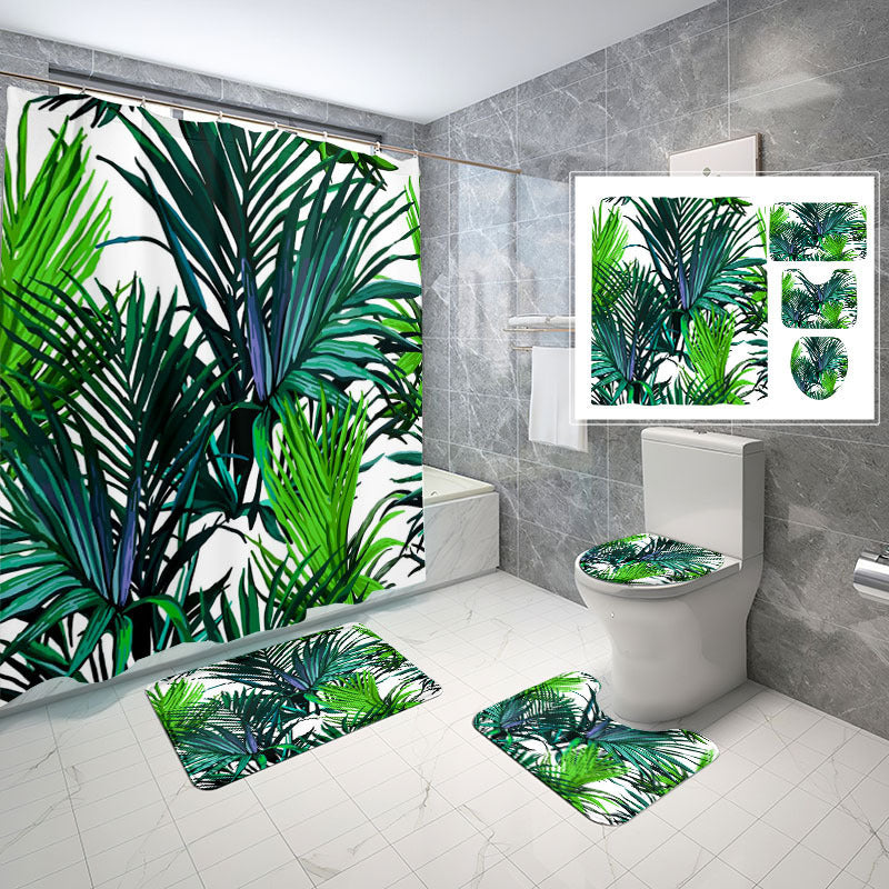 Natural Wind Leaves Printing Toilet Waterproof Shower Curtain Non-slip Floor Mat