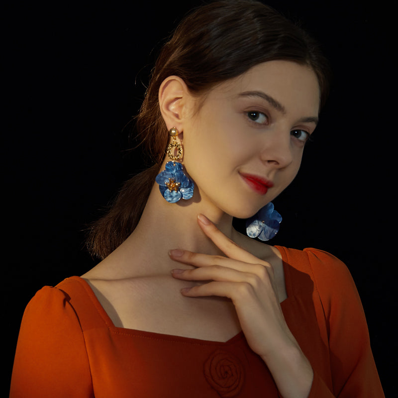 Acrylic Royal Blue Vintage Flower Exaggerate French Earrings
