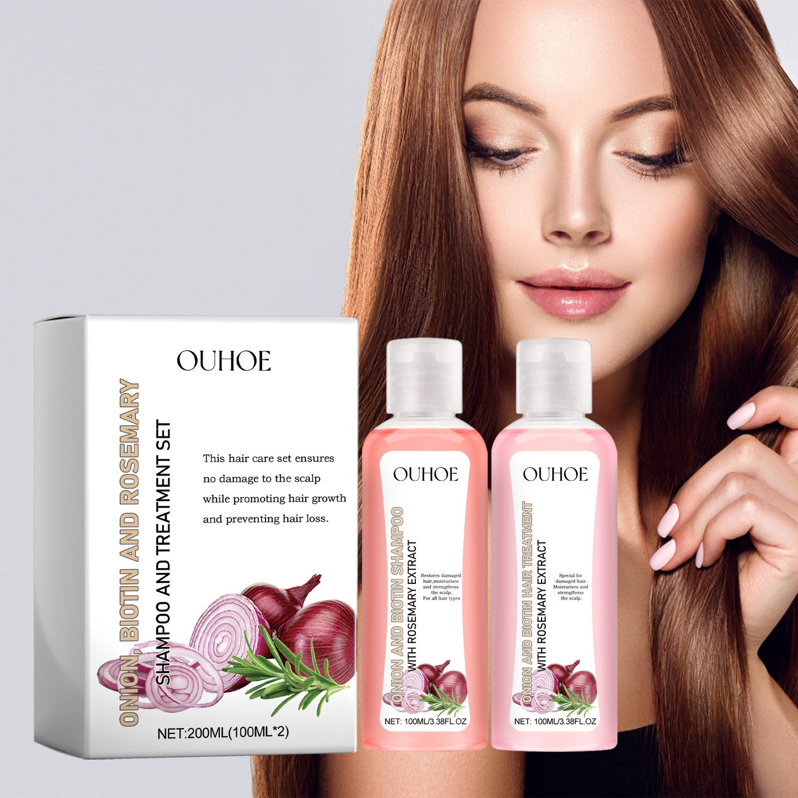 Ensemble shampoing et après-shampoing oignon, biotine et romarin pour la pousse des cheveux et le soin du cuir chevelu.