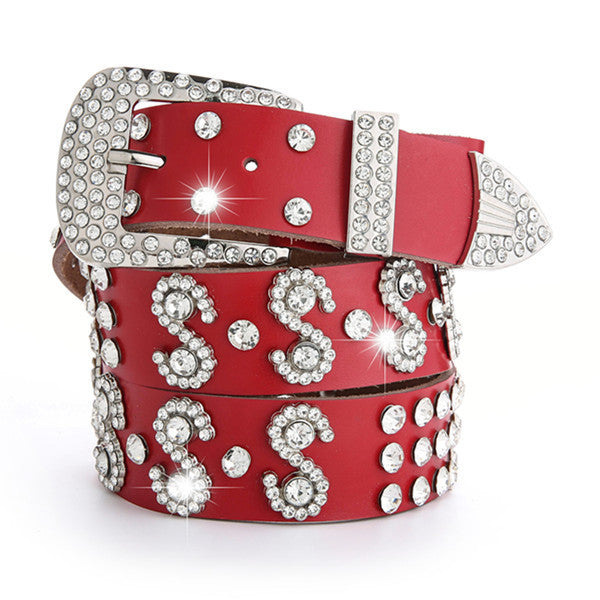 Ceinture en cuir véritable à strass simple pour femmes