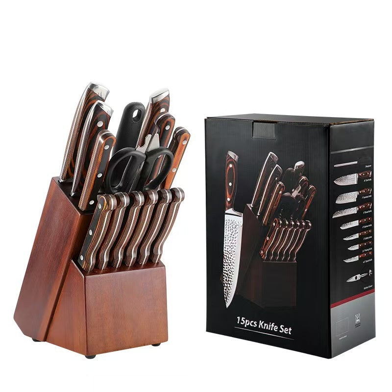 15-piece Set Kitchen Kit Red Color Wooden Handle Stainless Steel Knife