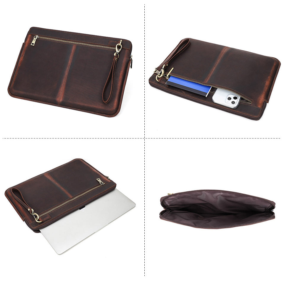 Sac d'ordinateur à fermeture éclair en cuir Crazy Horse rétro