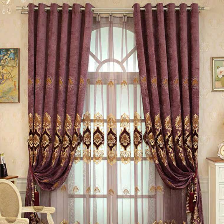 Rideau européen en velours chenille brodé double face et fil de broderie