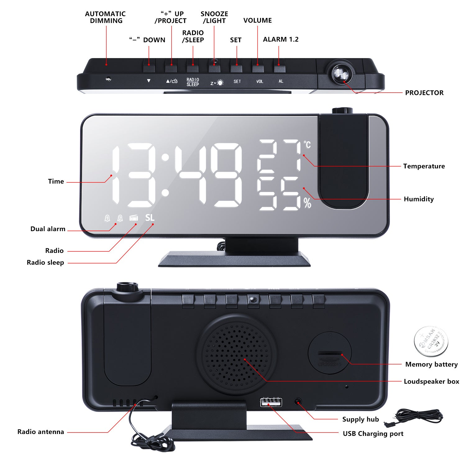 The New Temperature And Humidity Multifunctional Radio Projection Creative LED Mirror Clock