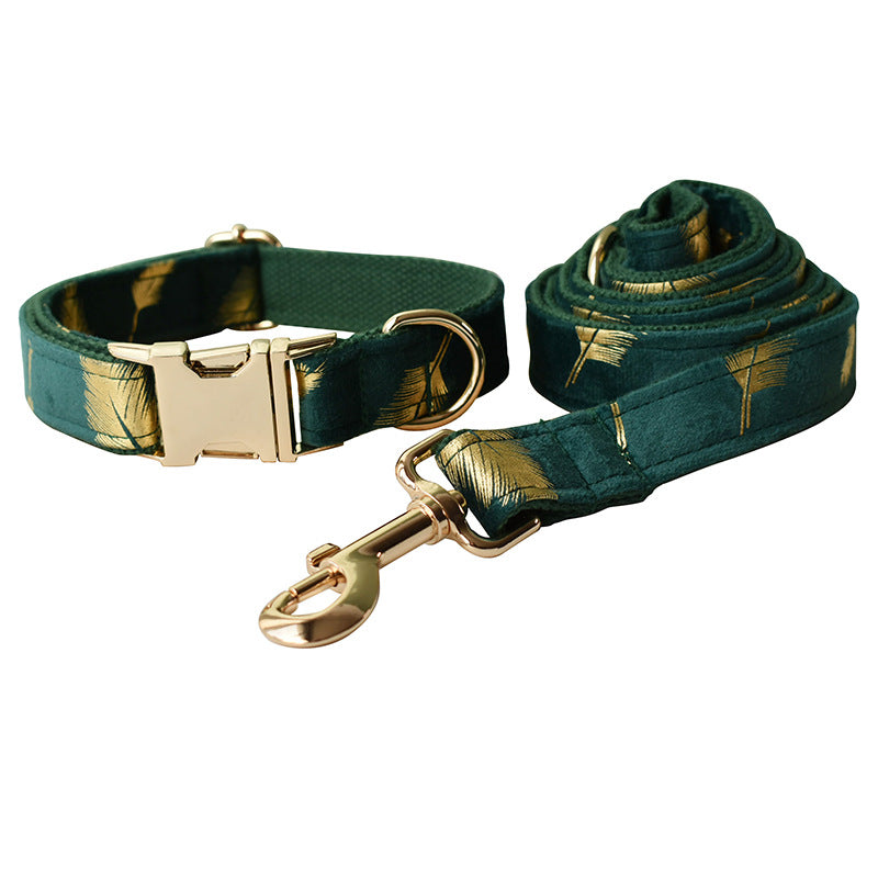 Emerald Feather Pattern Pet Collar Bow Leash Set