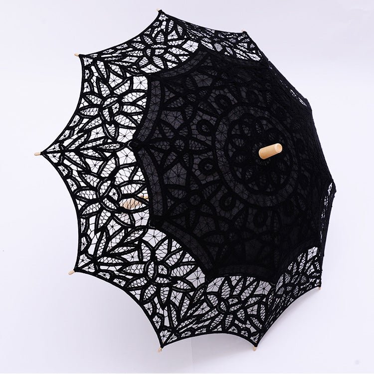 Parapluie de soleil brodé au crochet Princesse Classique Poignée en bois Tige droite Levage