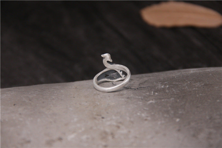 Sterling Silver Distressed Vintage Pure Silver Peacock Phoenix Ring