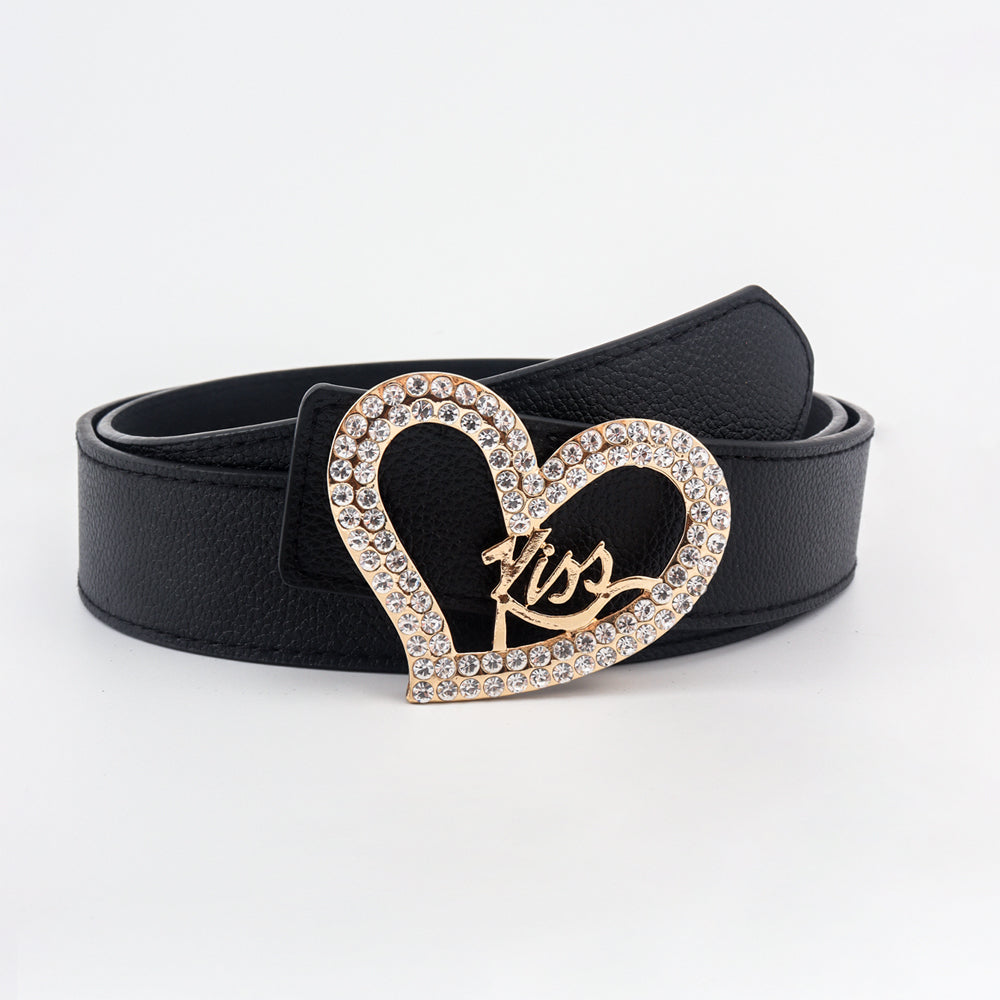 Ceinture Femme Noire Amour Incrusté Strass Boucle Dorée Ceinture Tendance Cent Jeans Jupe Manteau Assortis