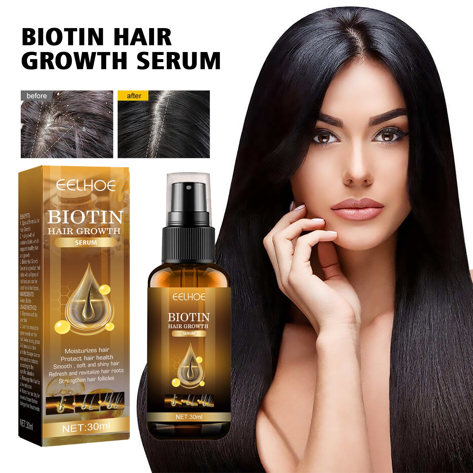 EELHOE Biotine Cheveux Densité Cheveux Spray Réparation Cheveux Nourrissant Soin Cheveux Fixation Forte Et Robuste Anti-chute Racine Spray