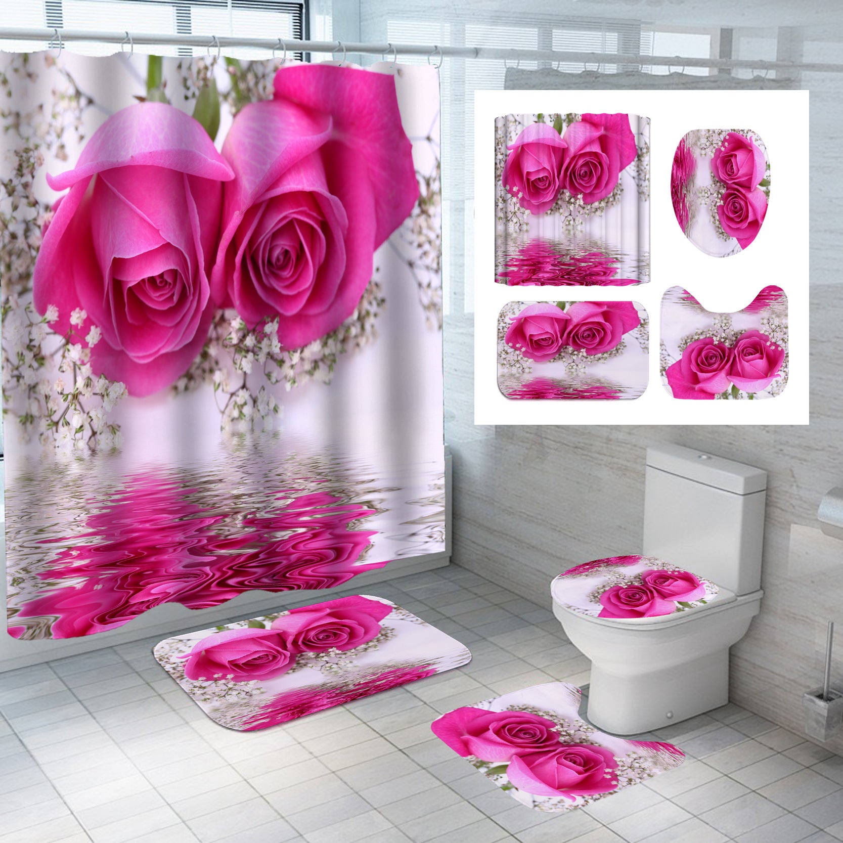 Digital Printing Polyester Shower Curtain Bathroom Pansy Reflection