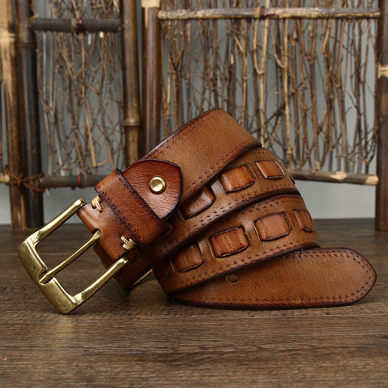 Retro Mens Belt In Genuine Leather With Brass Buckle