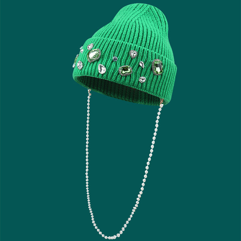 Casquette en laine à la mode avec chaîne de perles et diamants