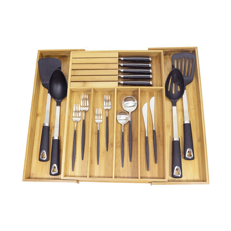 Boîte de rangement de tiroir à couteaux réglable et rétractable en bambou