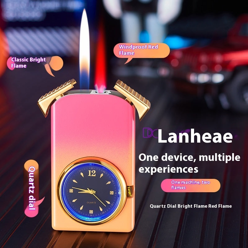 Windproof Double Flame Creative Quartz Real Dial Straight Open Flame Double Flame Gas Lighters Cross-border