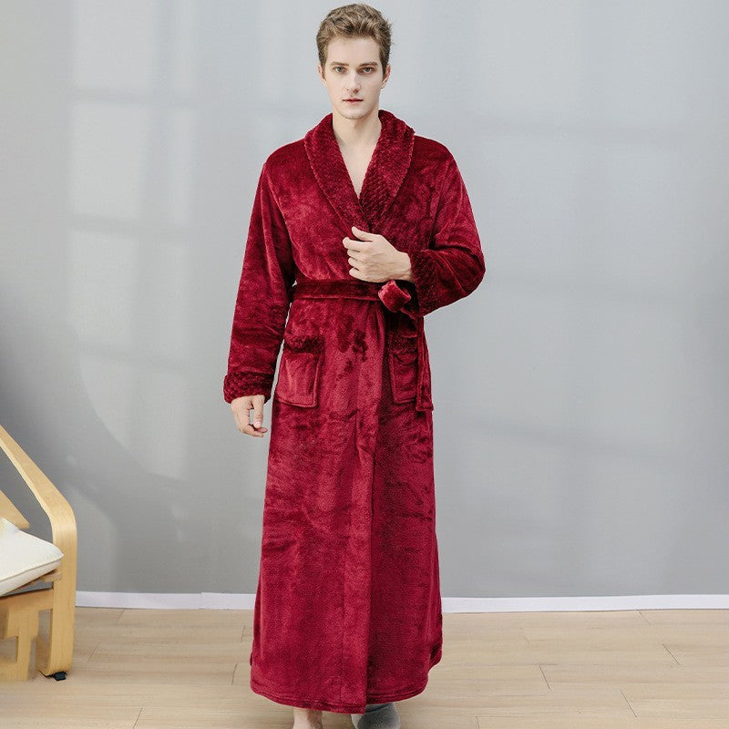 Long Coral Fleece Fleece-lined Thick Bathrobe Flannel Pajamas Homewear