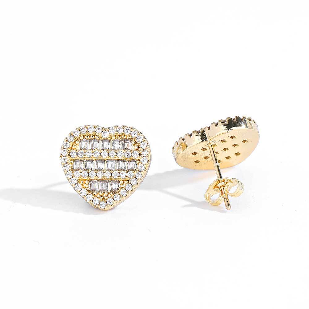 Hip Hop Square And Round Mix Inlaid Zircon Love Heart Stud Earrings
