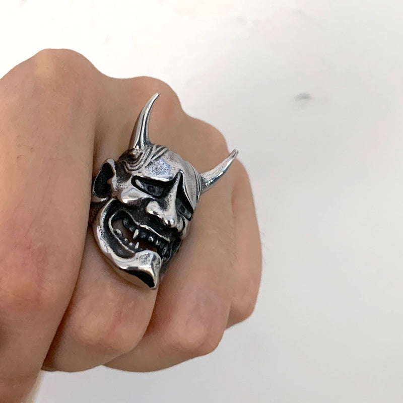 Bague en acier titane pour homme, thème Cent Démons Prajna, masque visage souriant