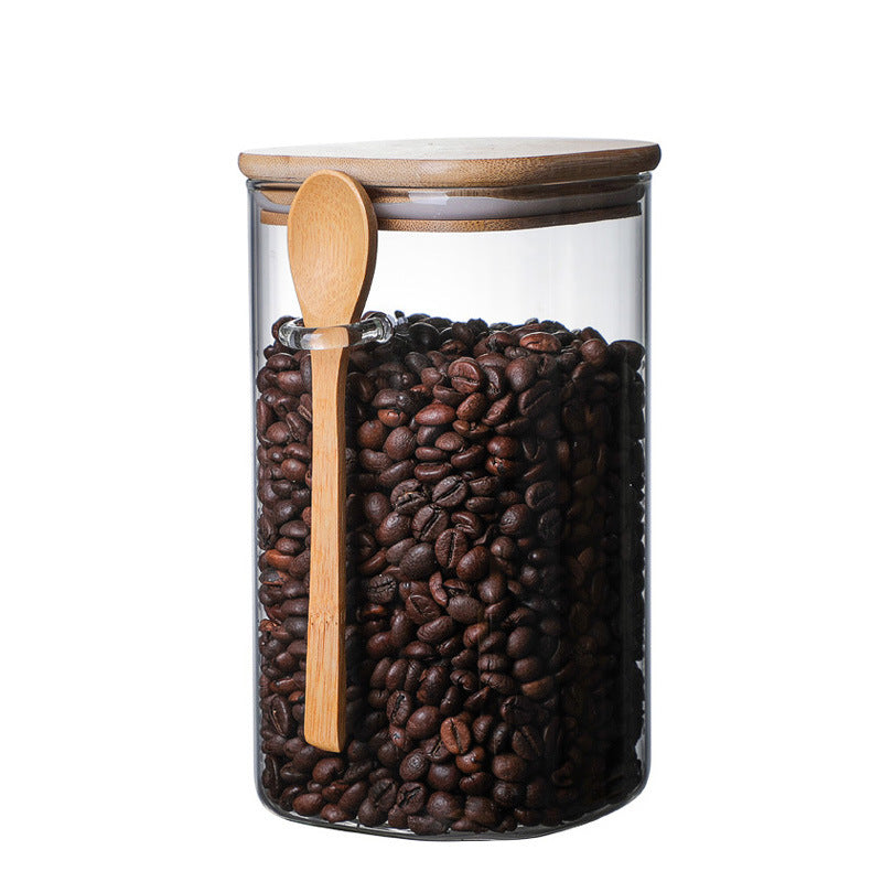 Square Glass Sealed Storage Jar With Wooden Spoon Seasoning